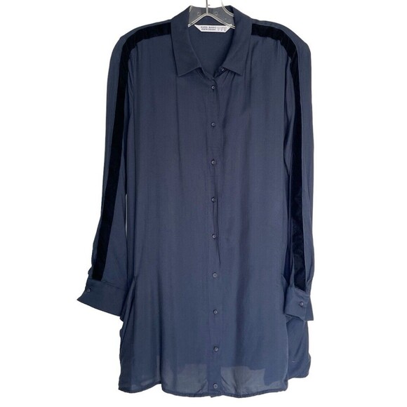 Zara Basic Z1975 Denim Small Shirt Blue Long Sleeve Button Up Velvet Decorative - Picture 3 of 16